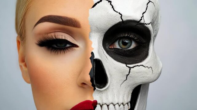Woman's face is split in half, with one half being a skull and the other half being a woman's face. The skull is painted black and white, and the woman's face is painted red