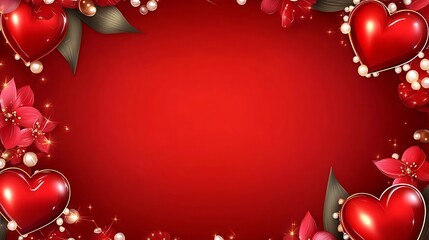 Red Hearts Flowers Pearls Elegant Valentines Day Design