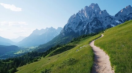 Obraz premium Scenic mountain landscape with a winding path through green hills.