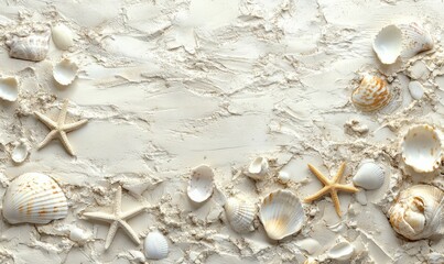 A beach with white and beige seashells and starfish scattered across the sand, providing a textured background ideal for summer getaways.