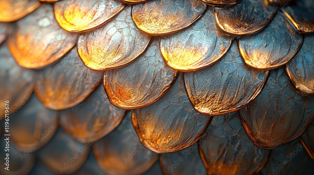 Poster close-up of metallic scales with warm and cool color gradient, abstract textured background