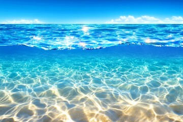 Crystal-clear blue water surface gently rippling with light reflections, revealing a sandy ocean bottom beneath. Generative AI