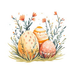 Colorful Easter eggs surrounded by flowers and greenery