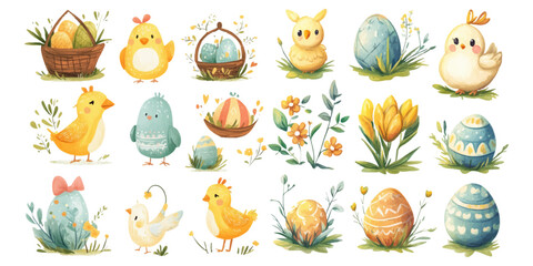 Fototapeta premium Cute Easter illustrations featuring eggs, chicks, and flowers