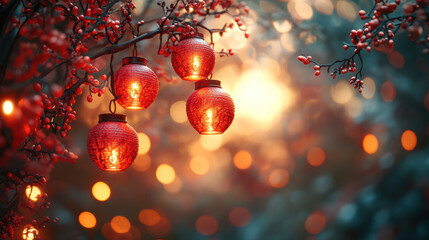 Fototapeta premium red lanterns background for Chinese New Year event.Traditional Chinese culture, red lanterns are lit in gold and bright colors to commemorate the chinese new year or A Lunar New Year 