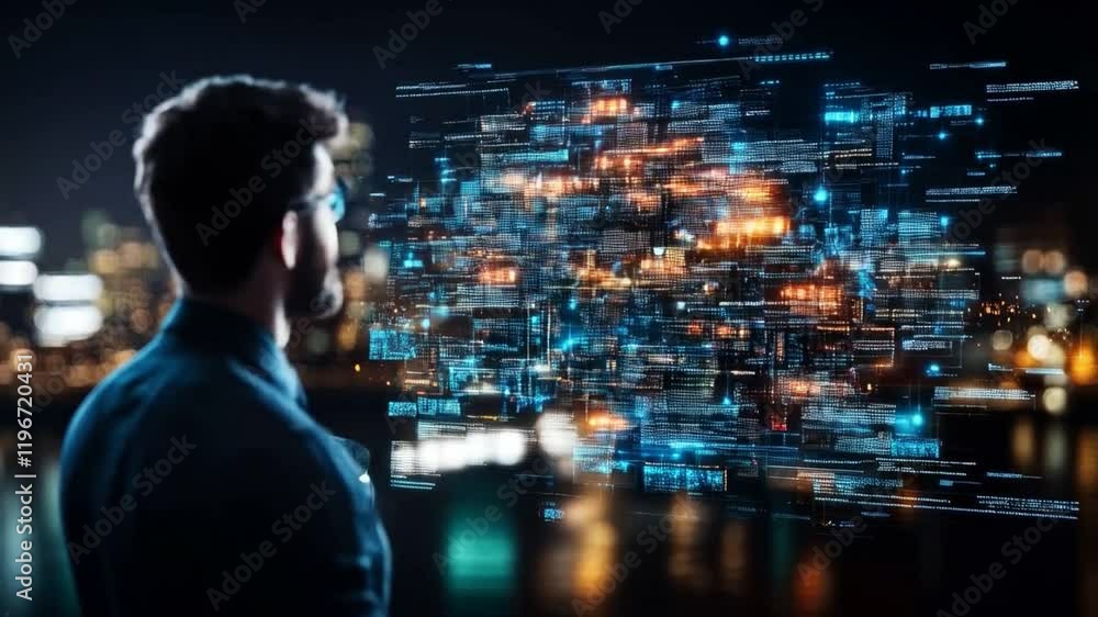 Poster A professional in a dark suit observes advanced digital data visualizations in a cityscape at night. Bright lights and information streams highlight the significance of cybersecurity and technology.