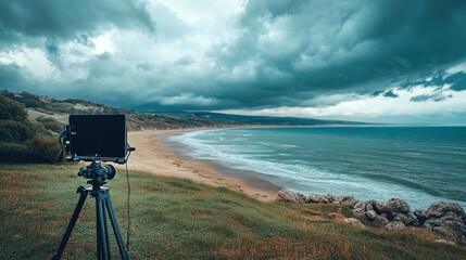 digital cinema setup in nature, stormy sky backdrop, coastal scenery, beach and ocean view, professional film gear, stabilized tripod mount, monitor screen, environmental documentary shot