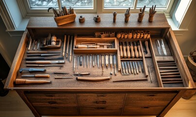 A carpentry bench with a diverse set of handmade wood carving tools, seen from above.