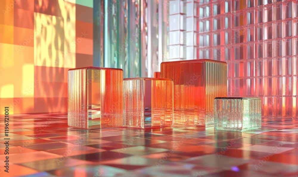 Poster 3d render of abstract glass blocks on a geometric patterned background.