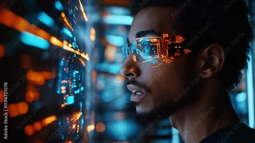 Poster A young individual is focused on a futuristic display showcasing digital data and security analytics.