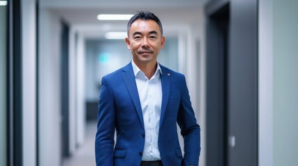 Confident Businessman in Tailored Blue Suit Walking