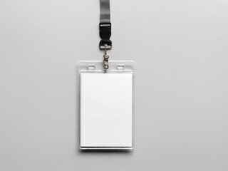 Blank badge hangs from gray lanyard