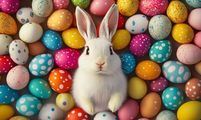 A cheerful Easter bunny surrounded by vibrant eggs in a playful holiday design, perfect for greeting cards.