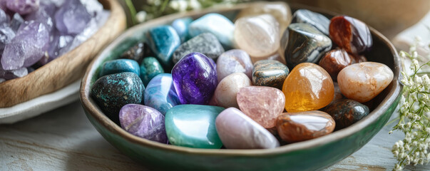 Colorful Polished Stones in a Bowl for Healing and Decor
