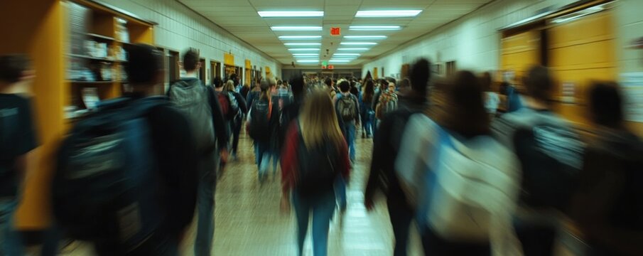 a high school hallway crowded with students walking to class with motion blur effect.