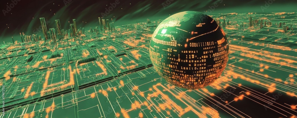 Poster a 3d illustration representing digital cyber network technology. it includes a global database, netw