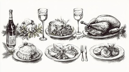 christmas dinner doodle collection, vintage ink drawings, festive food illustrations, elegant table decor sketches, winter celebration elements, traditional meal artwork, detailed culinary designs