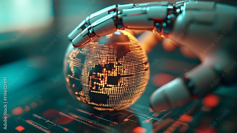 Poster robotic hand interacting with glowing digital globe showcasing ai driven global connectivity