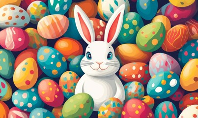 A cheerful Easter bunny surrounded by vibrant eggs in a playful holiday design, perfect for greeting cards.