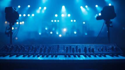 concert live streaming setup, professional camera equipment, dramatic blue stage lights, blurred bokeh background, empty venue lighting, modern broadcasting gear, atmospheric event capture