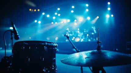 concert live streaming setup, professional camera equipment, dramatic blue stage lights, blurred bokeh background, empty venue lighting, modern broadcasting gear, atmospheric event capture