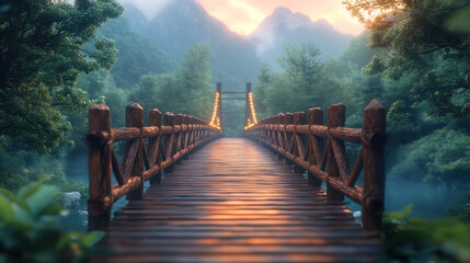 Fototapeta premium A quiet bridge at the foot of the mountain with green tropical trees with a gentle atmosphere.