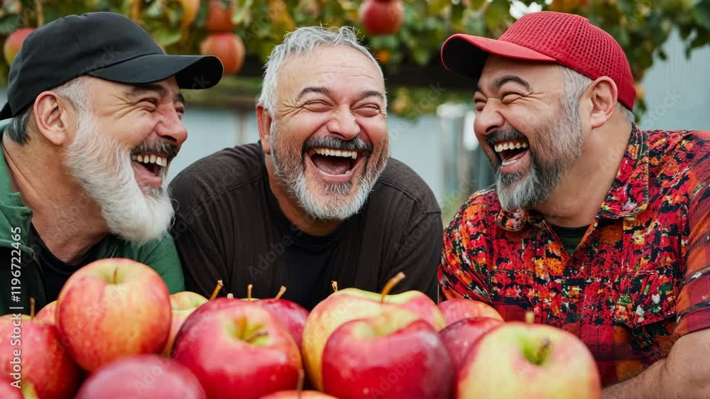 Poster three men are laughing and smiling while surrounded by apples. scene is lighthearted and joyful
