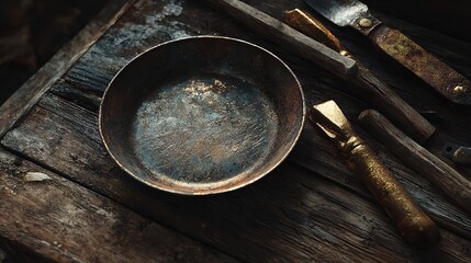 Old Mining Tools Gold Pan and Picks Against Wooden Background