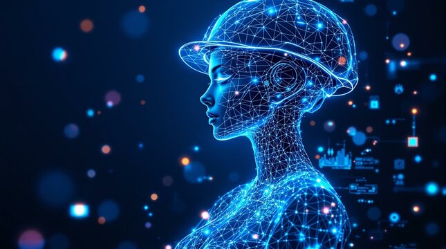 Neon-Wireframe-Silhouette  K&uuml;nstliche Intelligenz Bauingenieurin mit Baupl&auml;nen und Helm