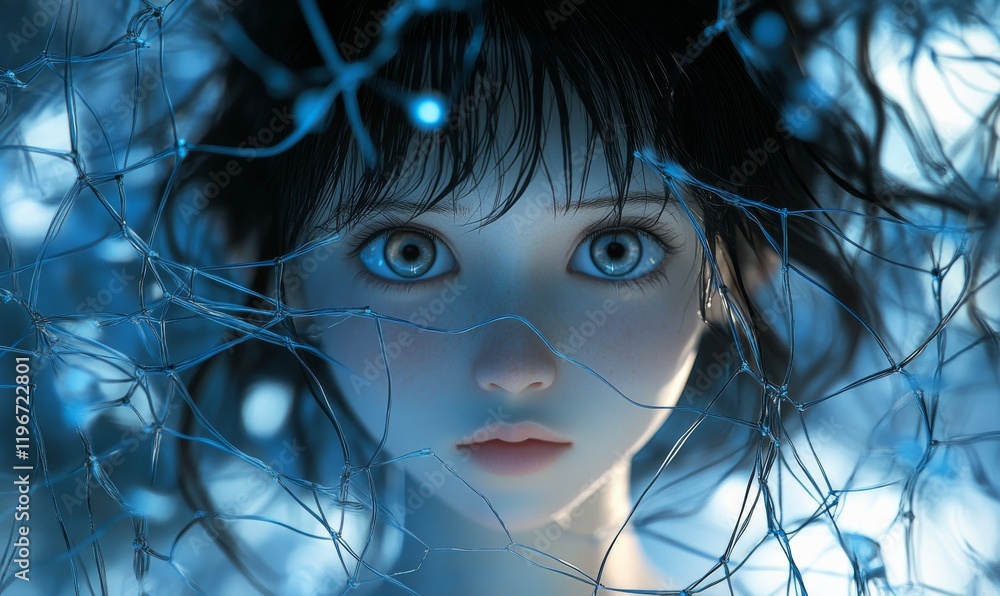 Poster a girl on a blue background showing a design of connected lines representing a network.