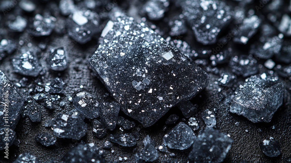 Poster dark crystalline structures with glittering texture: a close-up macro view of irregularly shaped cry