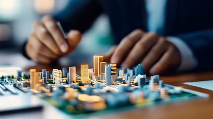 Fototapeta premium Urban Planner Analyzing Holographic Map of Interconnected Smart City Systems