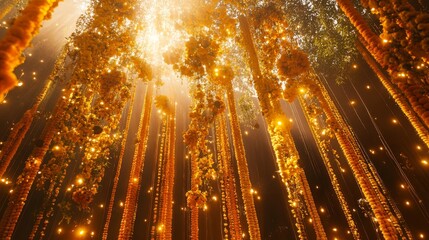 Traditional festive setup showing layers of lush marigold flower garlands suspended at varying heights, creating a mesmerizing canopy of saffron and amber hues, multiple strands elegantly swooping