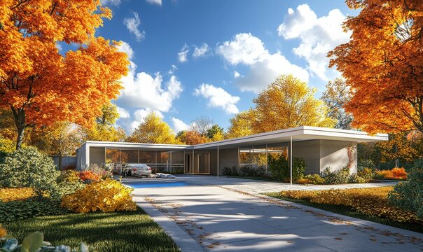 A contemporary concrete house, rendered in 3D, offers a single-story layout with a pool and parking, ready for sale or rent