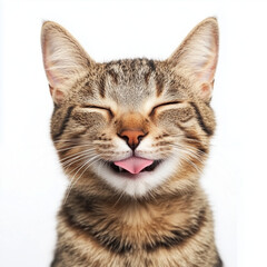Adorable tabby cat sticking out tongue with funny smile on white background