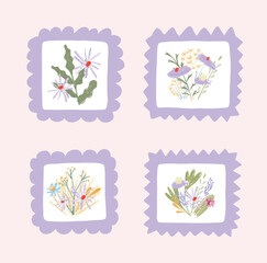 Set of floral compositions featuring wildflowers framed with decorative scalloped and zigzag edges. Isolated botanical designs in pastel tones. Flat vector illustration suitable for greeting cards or