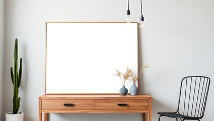 Modern minimalist interior design with blank frame and wooden console