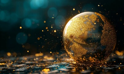 Abstract globe with gold continents and currency ocean, symbolizing wealth and global connection