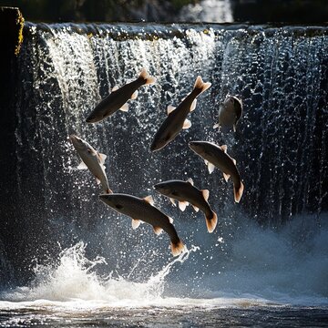 Fishes go for spawning upstream. Vimba jumps over waterfall on the Venta river, Kuldiga, Latvia.