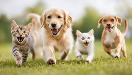 Happy cats and dogs running outdoors on sunny grassy field