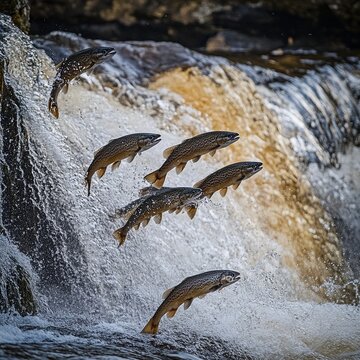 Fishes go for spawning upstream. Vimba jumps over waterfall on the Venta river, Kuldiga, Latvia.