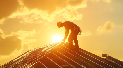 Roofer Adjusting Roof Panels at Dusk