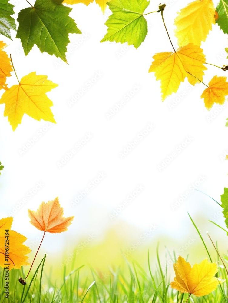 Poster vibrant autumn leaves framing a blank space for text on a soft background in a serene outdoor settin