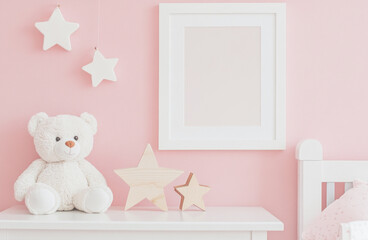 Minimalist white wooden frame for poster mockup, teddy bear and decorative wooden stars on nightstand in pink nursery