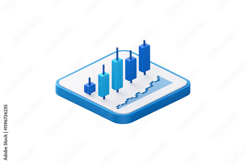 Poster 3d candlestick chart in varying blue shades, presenting financial trends on a minimalist white base,