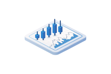 A 3D candlestick chart with blue bars and gridlines, representing financial data on a white platform, ideal for conveying stock or trading analysis. Isolated on a transparent background