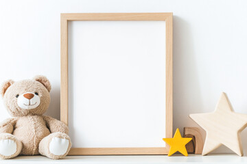 Minimalist wooden frame for poster mockup, teddy bear and decorative wooden stars on nightstand in white nursery
