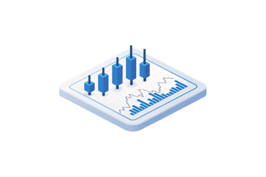 A 3D candlestick chart with blue bars and gridlines, representing financial data on a white platform, ideal for conveying stock or trading analysis. Isolated on a transparent background