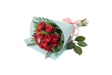 A bouquet of red roses wrapped in light blue paper, accented with greenery, tied with a pastel pink ribbon, exuding elegance and romance. Isolated on a transparent background