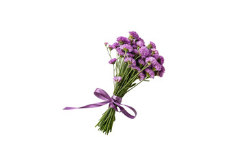 A bouquet of small purple flowers tied with a purple ribbon, neatly arranged with vibrant green stems. Isolated on a transparent background. Elegant and delicate